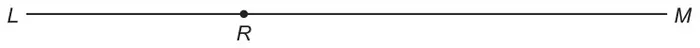 Horizontal line LM with point R marked on it, nearer to L