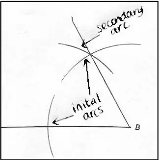 Example 60 degree construction at B, with the initial arcs and the secondary arc labelled