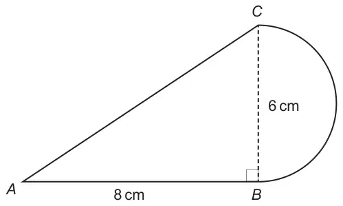 Right-angled triangle ABC with the right angle at B, AB = 8 cm horizontal, BC = 6 cm vertical (dashed), and a semicircle on BC outside the triangle