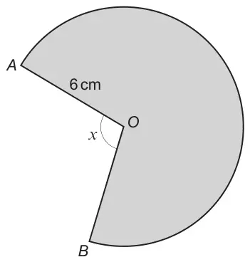 Shaded major sector AOB of a circle with centre O and radius 6 cm; the unshaded angle AOB is x