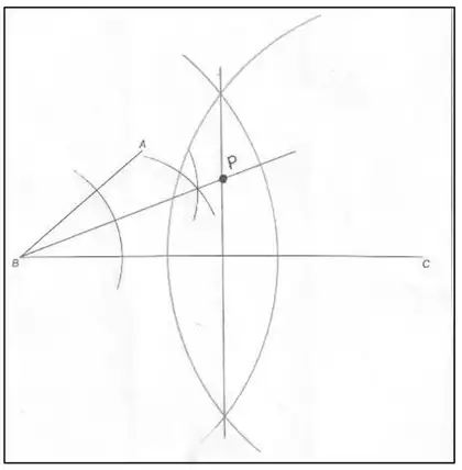Example construction: angle bisector of ABC and perpendicular bisector of BC with arcs, meeting at P