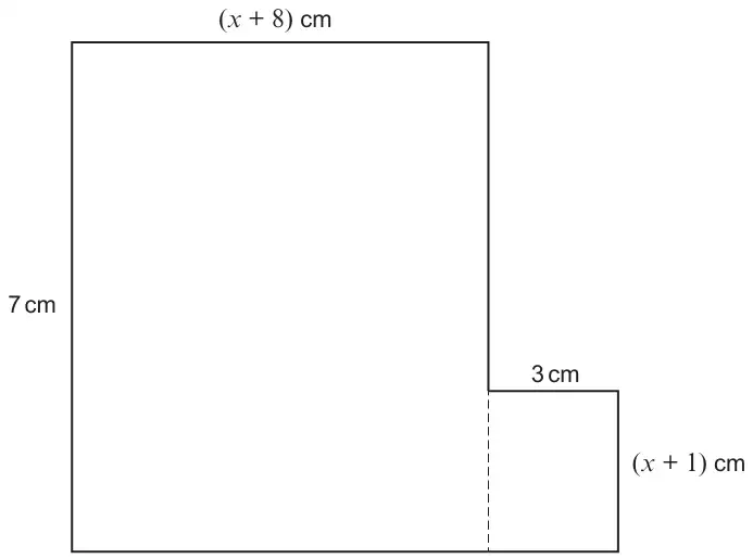 Shape made of two rectangles: large rectangle 7 cm by (x + 8) cm, small rectangle 3 cm by (x + 1) cm joined to its right