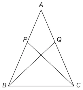 Isosceles triangle ABC with P on AB and Q on AC, and lines BQ and CP drawn