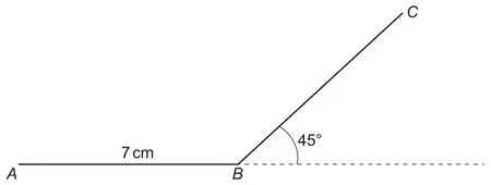 Sketch of sides AB = 7 cm and BC with a 45° exterior angle at B