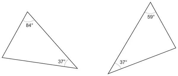 Two triangles: the first has angles 84 degrees and 37 degrees marked; the second has angles 59 degrees and 37 degrees marked