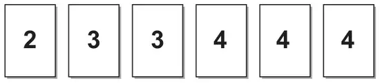 Six cards numbered 2, 3, 3, 4, 4, 4