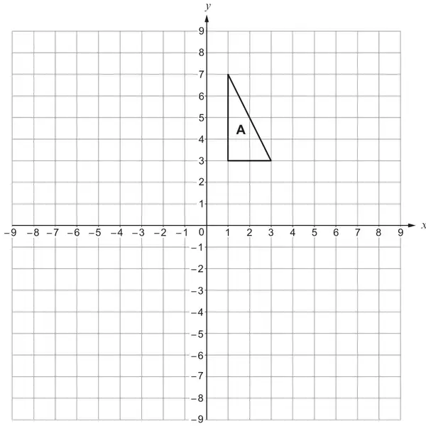 Grid with x and y from -9 to 9; triangle A has vertices (1, 3), (3, 3) and (1, 7)