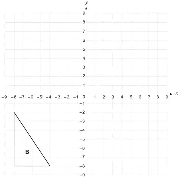 Grid with x and y from -9 to 9; triangle B has vertices (-8, -2), (-8, -8) and (-4, -8)
