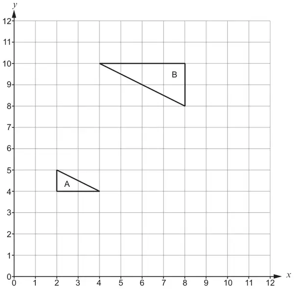 Grid with x and y from 0 to 12. Triangle A has vertices (2, 4), (2, 5), (4, 4); triangle B has vertices (4, 10), (8, 10), (8, 8)