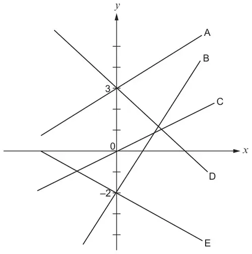 Five straight lines A to E on axes: A and D pass through (0, 3), B and E pass through (0, −2), C passes through the origin