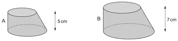 Two similar solids, A with height 5 cm and B with height 7 cm