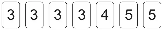 Seven cards showing the numbers 3, 3, 3, 3, 4, 5, 5