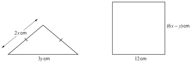 Isosceles triangle with the two equal sides 2x cm and base 3y cm; square with sides labelled (6x − y) cm and 12 cm