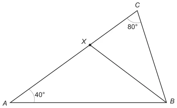 Triangle ABC with A bottom-left, B bottom-right and C at the top; angle at A is 40°, angle at C is 80°; X is a point on AC joined to B