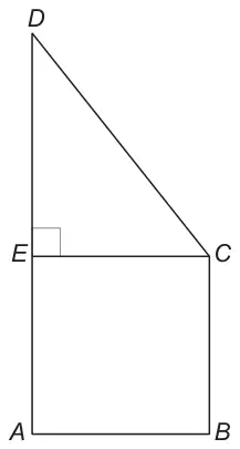 Square ABCE with A bottom-left, B bottom-right, C top-right, E top-left; right-angled triangle CDE on top, with D directly above E, right angle at E, and DC the sloping side