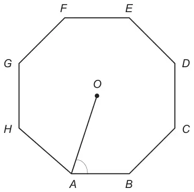 Regular octagon ABCDEFGH with A and B at the bottom, labelled anticlockwise; centre O joined to A, with angle OAB marked