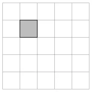 5 by 5 grid of squares with one square shaded: second row from the top, second column from the left