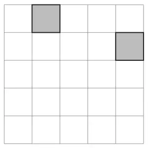 5 by 5 grid of squares with two squares shaded: top row, second column from the left; and second row from the top, right-hand column