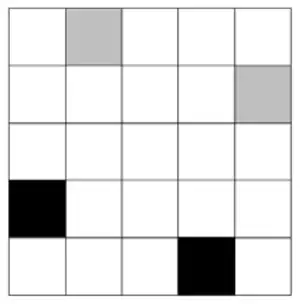 Answer: the grid with the two given grey squares plus black squares in the fourth row, first column and the bottom row, fourth column