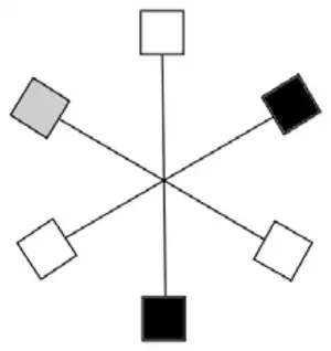 Answer: the given grey square on the upper-left arm plus black squares on the upper-right arm and the bottom arm