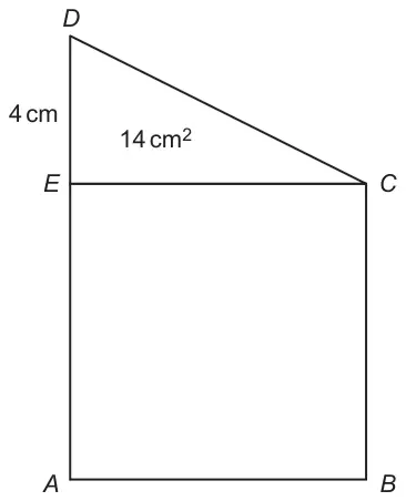 Square ABCE with A bottom-left, B bottom-right, C top-right, E top-left; right-angled triangle CDE on top, with D directly above E, DE = 4 cm and area 14 cm²