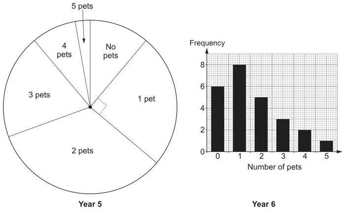 Year 5 pie chart with sectors No pets, 1 pet (a right angle), 2 pets, 3 pets, 4 pets and a thin 5 pets sector; Year 6 bar chart of frequency against number of pets: 0 pets 6, 1 pet 8, 2 pets 5, 3 pets 3, 4 pets 2, 5 pets 1