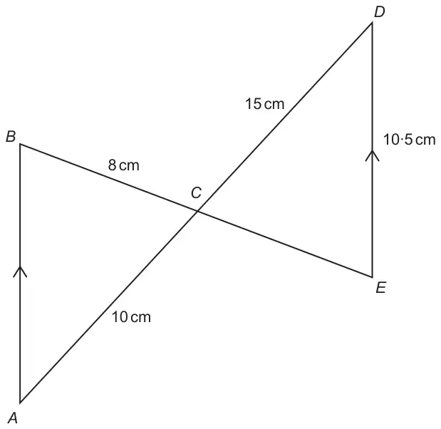 Two triangles meeting at C: straight lines BCE and ACD cross at C; AB and ED are parallel (arrows); BC = 8 cm, CD = 15 cm, AC = 10 cm, DE = 10·5 cm