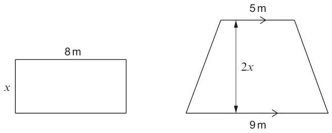 Rectangle with length 8 m and width x; trapezium with parallel sides 5 m (top) and 9 m (bottom) and perpendicular height 2x