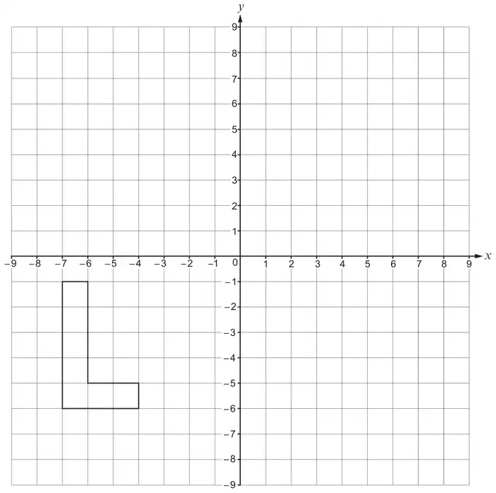 Coordinate grid, x and y from −9 to 9, with the same L-shape: vertices (−7, −1), (−6, −1), (−6, −5), (−4, −5), (−4, −6), (−7, −6)