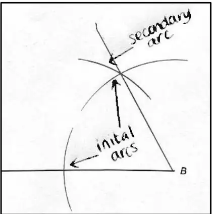 Example construction of 60° at B: initial arcs from B and the secondary arc crossing it, with the 60° line through their intersection