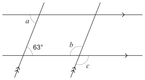 Two parallel horizontal lines crossed by two parallel slanted lines; angle a at the top line, 63° at the bottom line, angles b and c at the second crossing