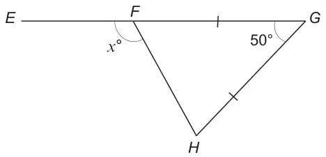 Straight line EFG; triangle FGH with FG = GH, angle FGH = 50°, angle EFH = x°