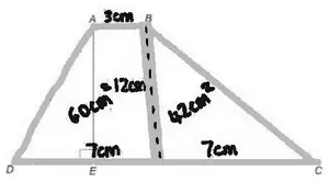 Trapezium 60 cm² (parallel sides 3 cm and 7 cm, height 12 cm) and right-angled triangle 42 cm² (base 7 cm)