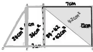 Triangle AED 24 cm², rectangle 36 cm², and 84 − 42 = 42 cm² from a 7 cm by 12 cm rectangle minus a shaded 42 cm² triangle