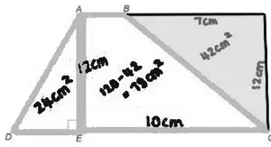 Triangle AED 24 cm² and 120 − 42 = 78 cm² from a 10 cm by 12 cm rectangle minus a shaded 42 cm² triangle