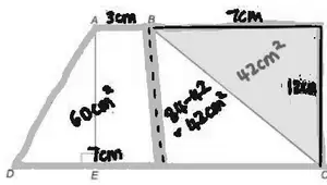 Trapezium 60 cm² and 84 − 42 = 42 cm² from a 7 cm by 12 cm rectangle minus a shaded 42 cm² triangle