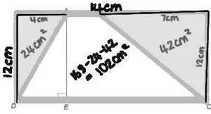 A 14 cm by 12 cm rectangle minus two shaded triangles (24 cm² and 42 cm²), labelled 169 − 24 − 42 = 102 cm²