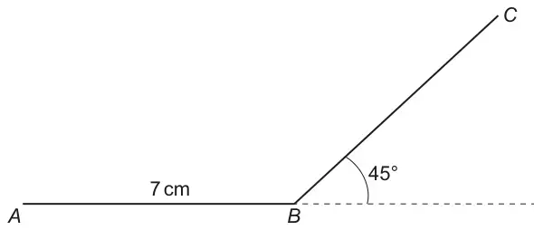 Sketch: AB = 7 cm horizontal; BC rises from B at 45° to the dashed extension of AB beyond B.