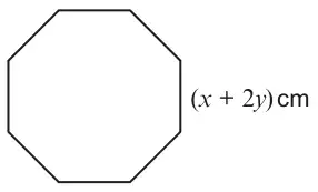 Regular octagon with side labelled (x + 2y) cm.