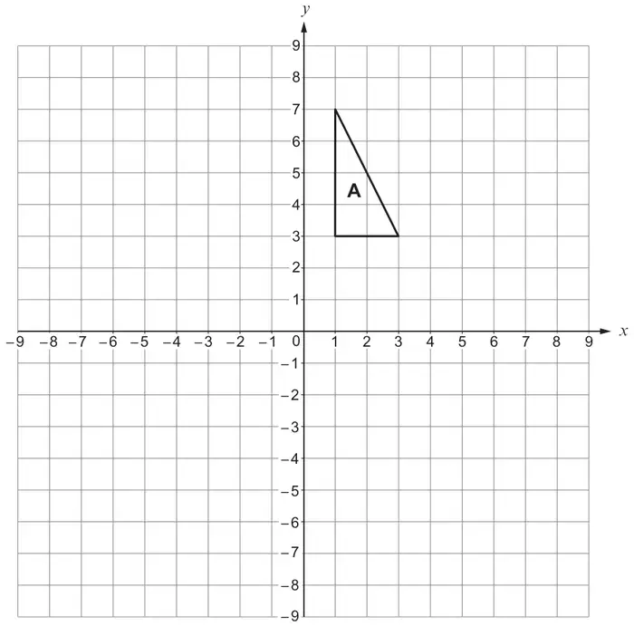 Grid from -9 to 9 on both axes with triangle A at (1, 3), (1, 7), (3, 3).
