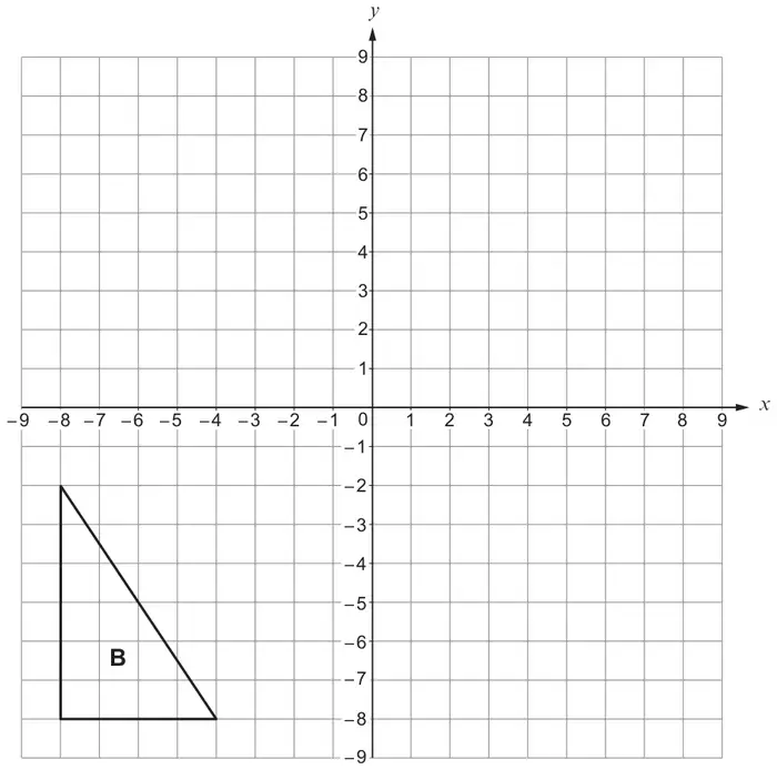 Grid from -9 to 9 on both axes with triangle B at (-8, -2), (-8, -8), (-4, -8).