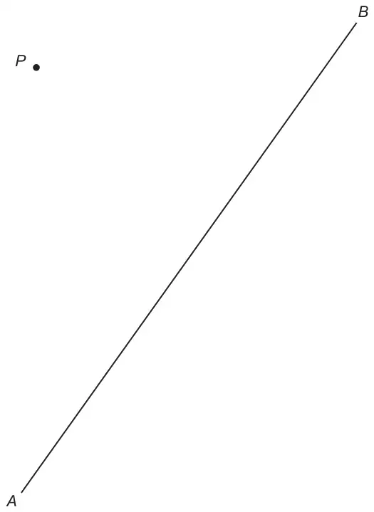 Point P above and to the left of a sloping line segment AB.