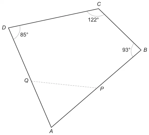 Quadrilateral ABCD with angle D = 85°, angle C = 122°, angle B = 93°; P on AB and Q on AD joined by a dashed line.