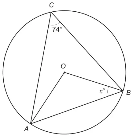 Circle with centre O; points A, B and C on the circumference; triangle ACB with angle ACB = 74°; lines OA and OB drawn; angle OBA marked x°