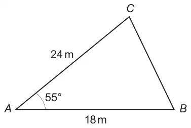 Triangle ABC with AB = 18 m, AC = 24 m and angle BAC = 55°