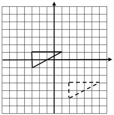 Answer grid: dashed reflected triangle with vertices (2, −3), (2, −5), (6, −3); solid translated triangle with vertices (−3, 1), (−3, −1), (1, 1)