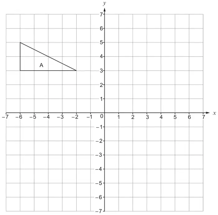 Coordinate grid, x and y from -7 to 7, showing triangle A with vertices (-6, 5), (-6, 3) and (-2, 3)