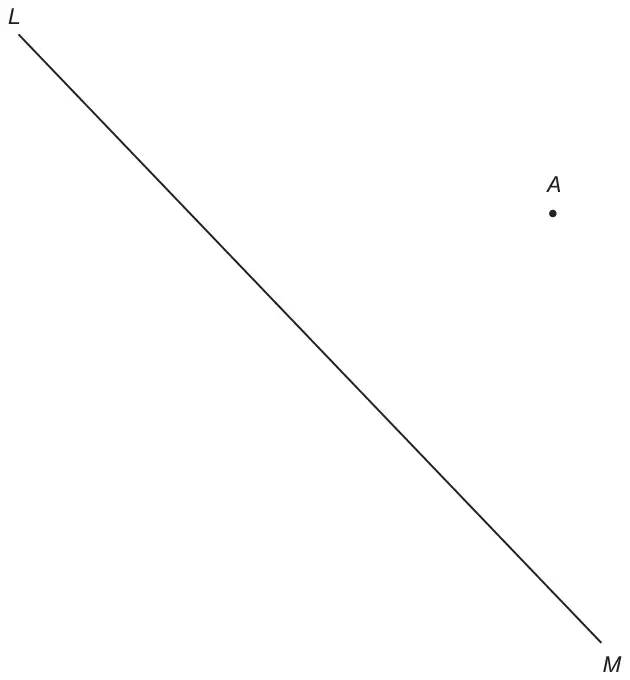 A straight line LM running from L at the top left down to M at the bottom right, and a point A to the right of the line, above its middle