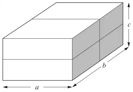 Four of the cuboids stacked two wide (front to back) and two high. Length a is the 40 mm front edge, length b is the depth of two cuboids and length c is the height of two cuboids