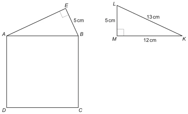 Square ABCD with triangle ABE on top side AB, right angle at E and BE = 5 cm; separate right-angled triangle KLM with right angle at M, LM = 5 cm, MK = 12 cm, LK = 13 cm